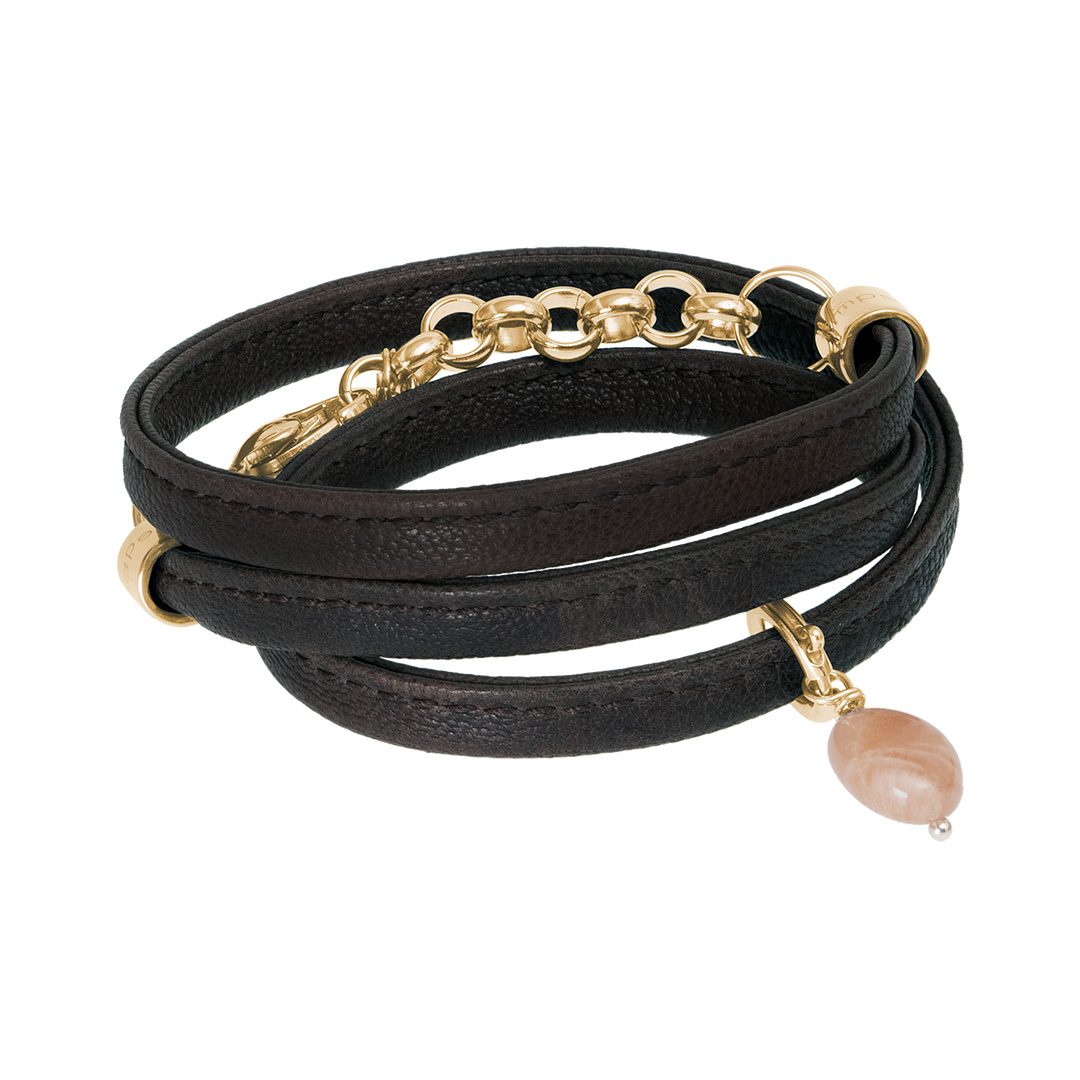 Leren armband bruin Maansteen goud Infini 912 G45 Pim and Pearls