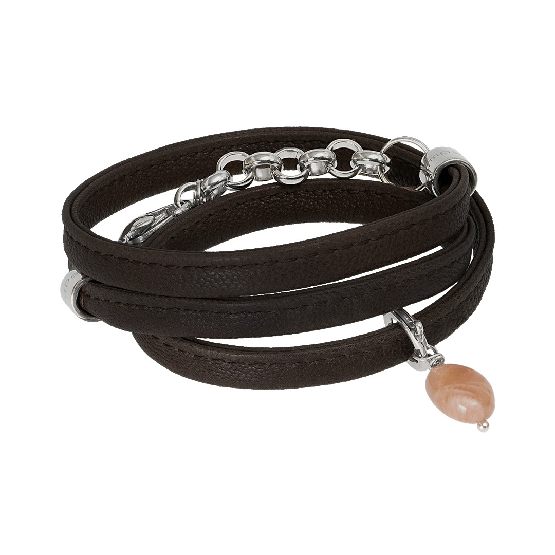 Leren armband bruin Maansteen zilver Infini 912 Z45 Pim and Pearls
