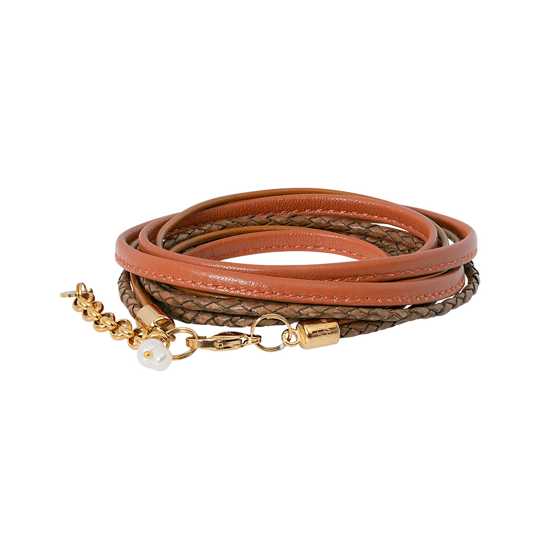 Wikkelarmband leer cognac goud 1028 05G PimpsandPearls Pim