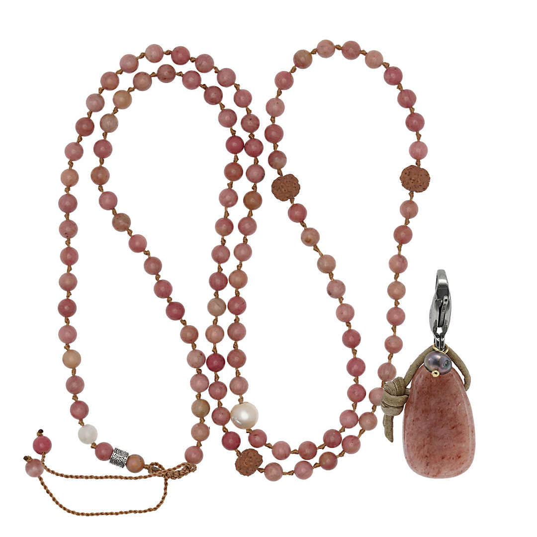 Edelsteen ketting roze Rhodoniet hanger Aardbeienkwarts Mala M 758 43 Ak1 PimpsandPearls Pim