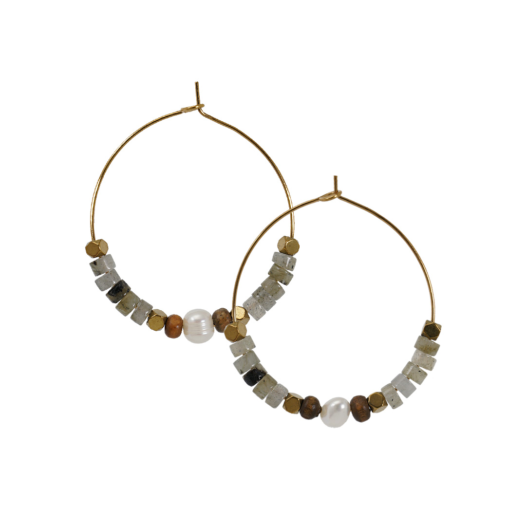 Oorbel creolen grijs Labradoriet goud XL Tropical Pim and Pearls