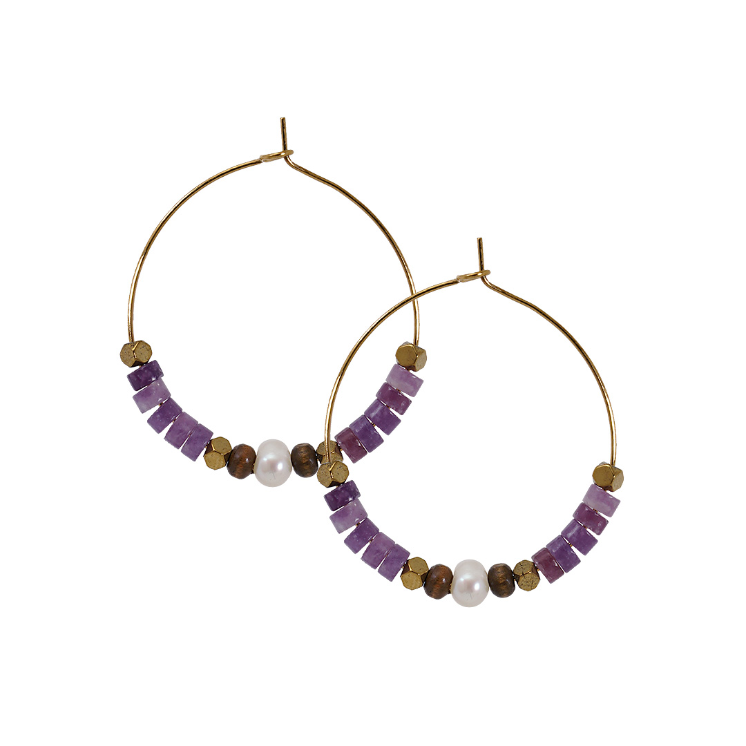 Oorbel creolen paars Lepidoliet goud XL Tropical Pim and Pearls