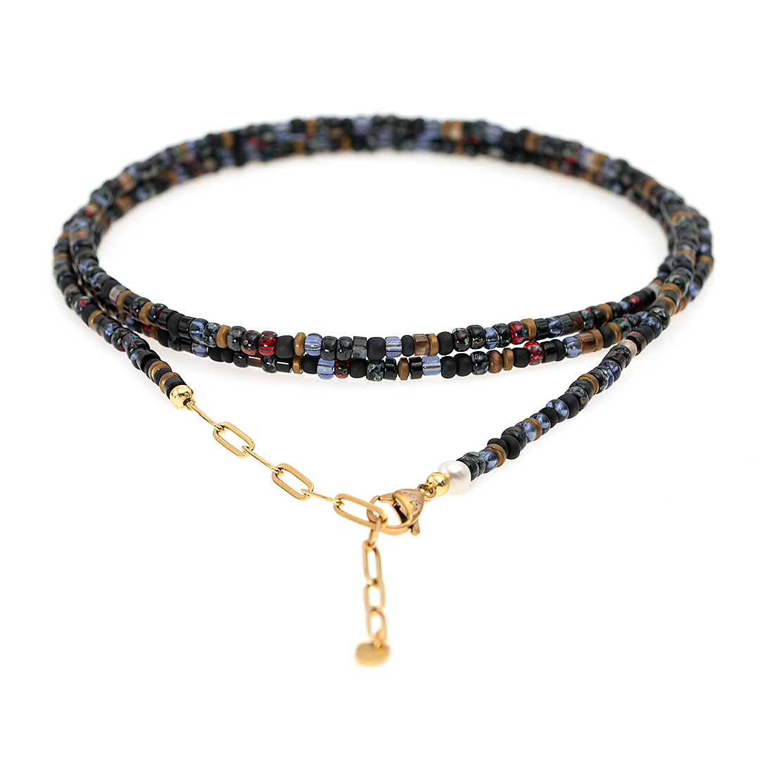 ketting edelsteen miyuki zwart grijs 110 cm lang Tropical collectie van PimpsandPearls