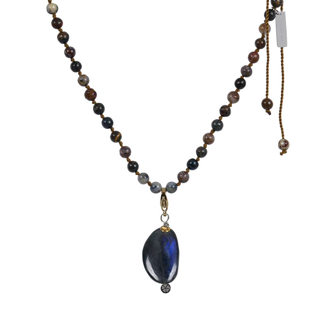edelsteen ketting bruin pietersiet 92 cm met bedel Mala sieraden PimpsandPearls