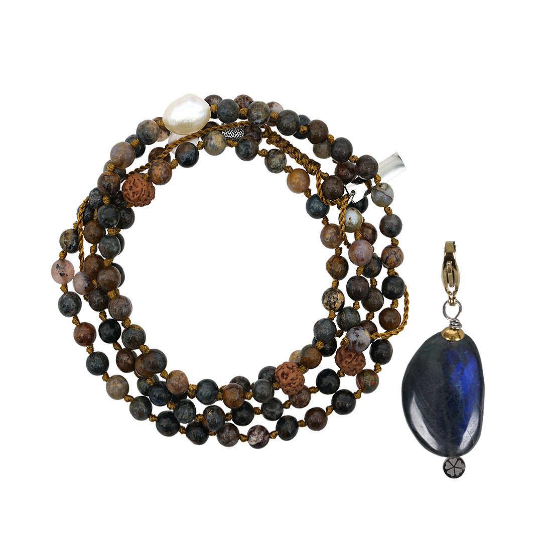 edelsteen ketting bruin pietersiet 92 cm met bedel Mala collectie PimpsandPearls