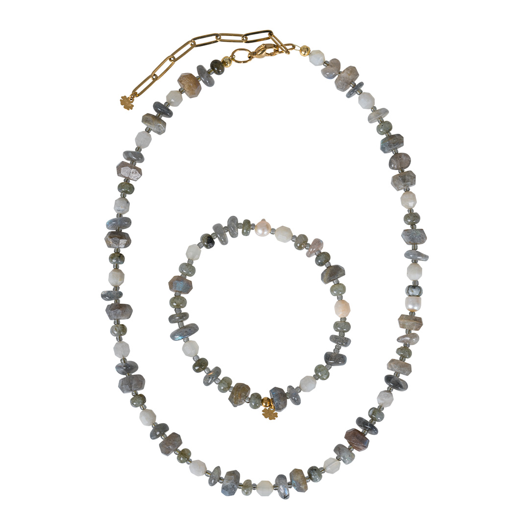 armband ketting set grijs naturel edelsteen mix Tropical Rough van pimpsandpearls