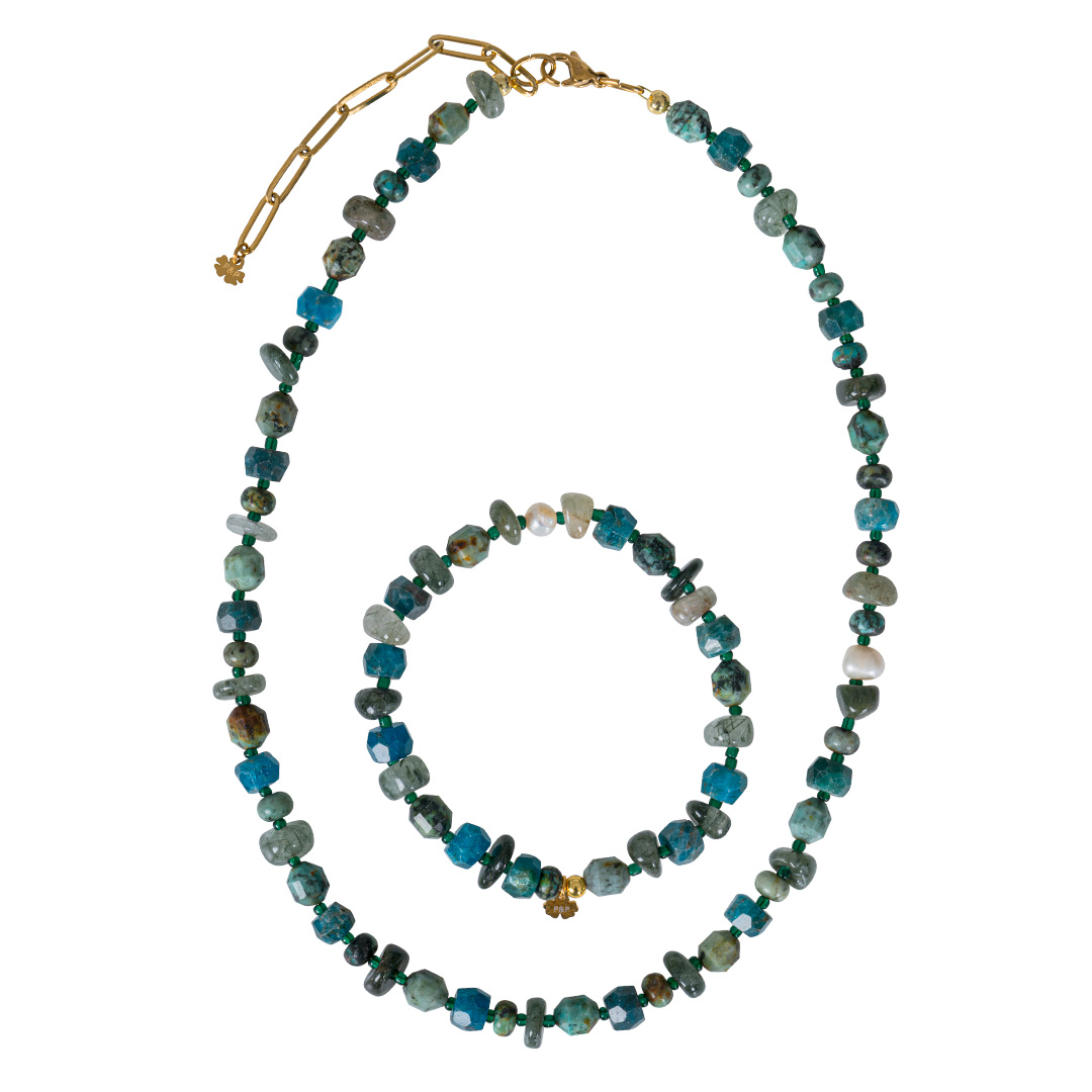 armband ketting set groen blauw edelsteen mix Tropical Rough van pimpsandpearls