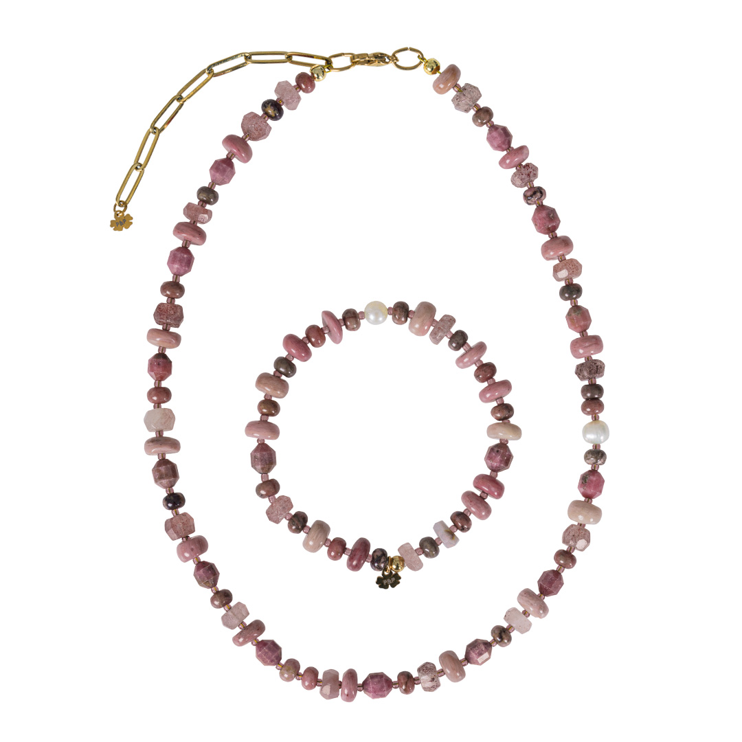 armband ketting set vintage roze edelsteen mix Tropical Rough van pimpsandpearls