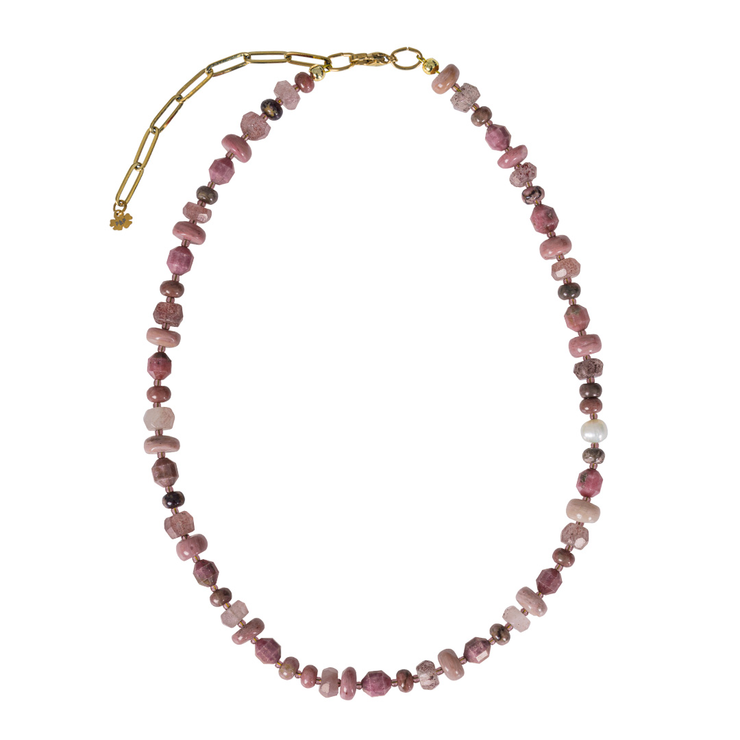 ketting vintage roze edelsteen mix Tropical collectie van pimpsandpearls