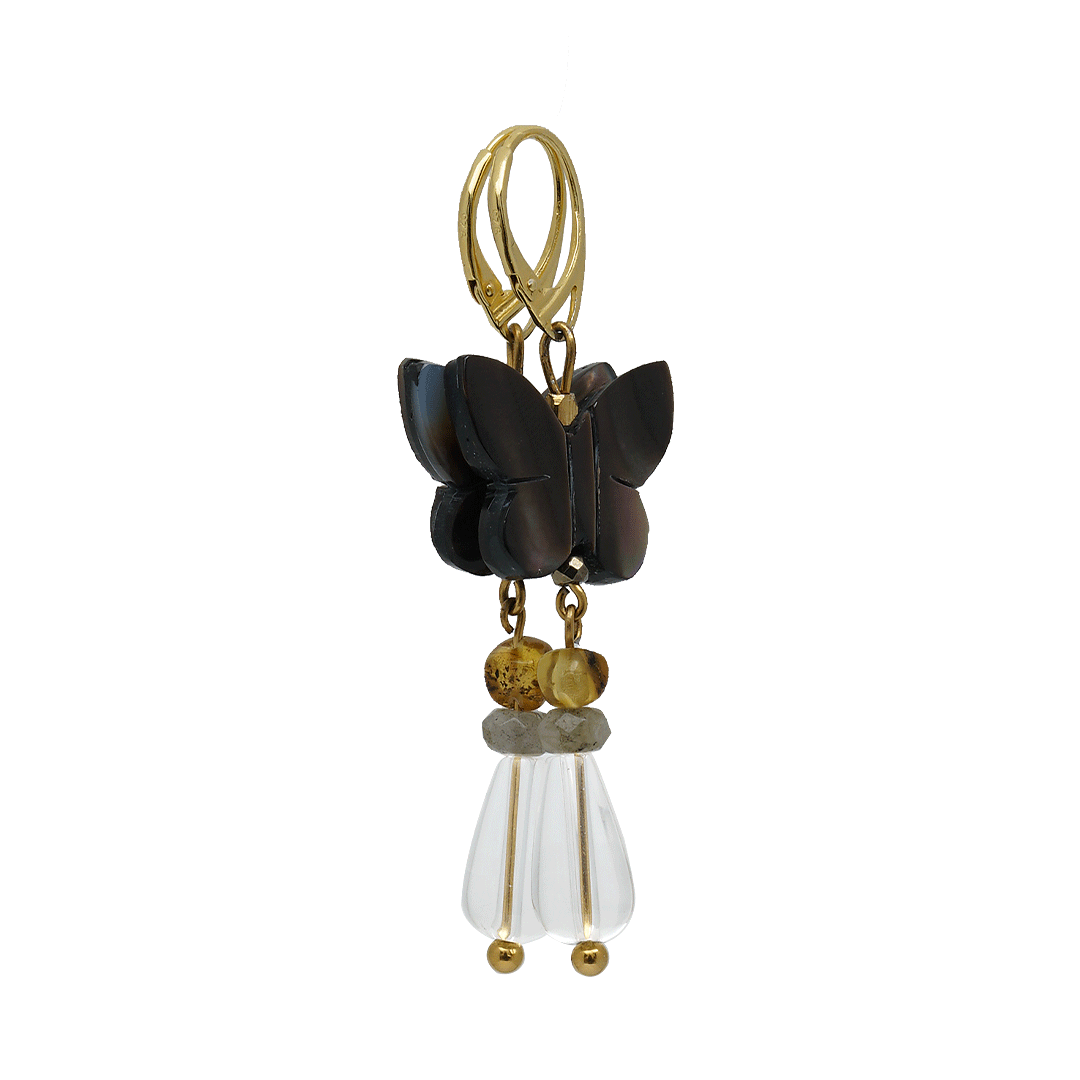 Edelsteen oorbel vlinder bergkristal naturel goud van pimpsandpearls