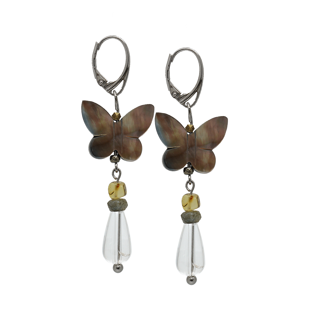 Edelsteen oorbel vlinder bergkristal naturel zilver van pimpsandpearls set