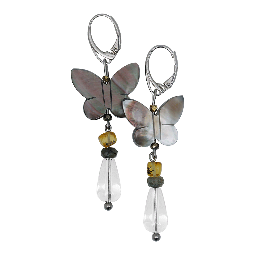 Edelsteen oorbel vlinder bergkristal naturel zilver van pimpsandpearls set