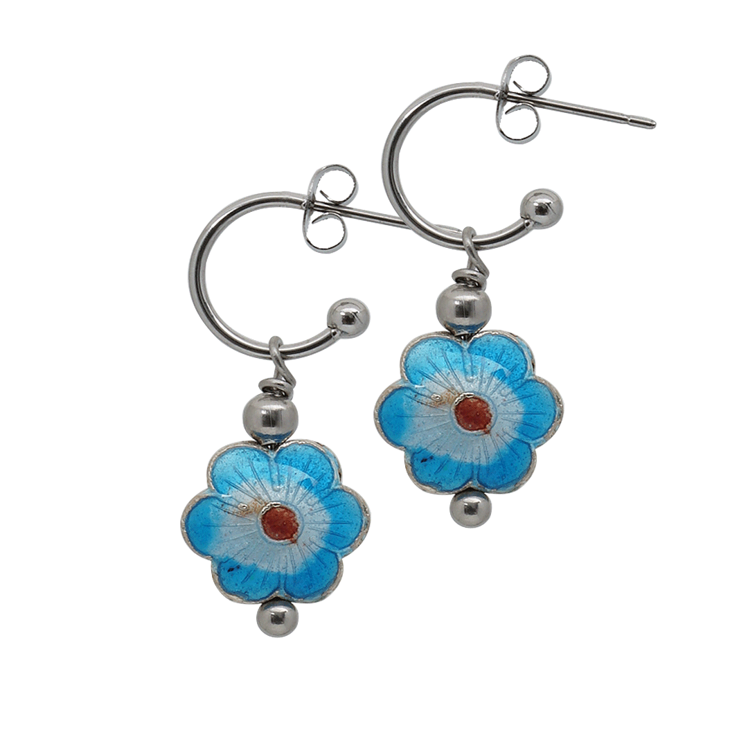 bloem oorbellen blauw cloisonné zilver creool van pimpsandpearls set