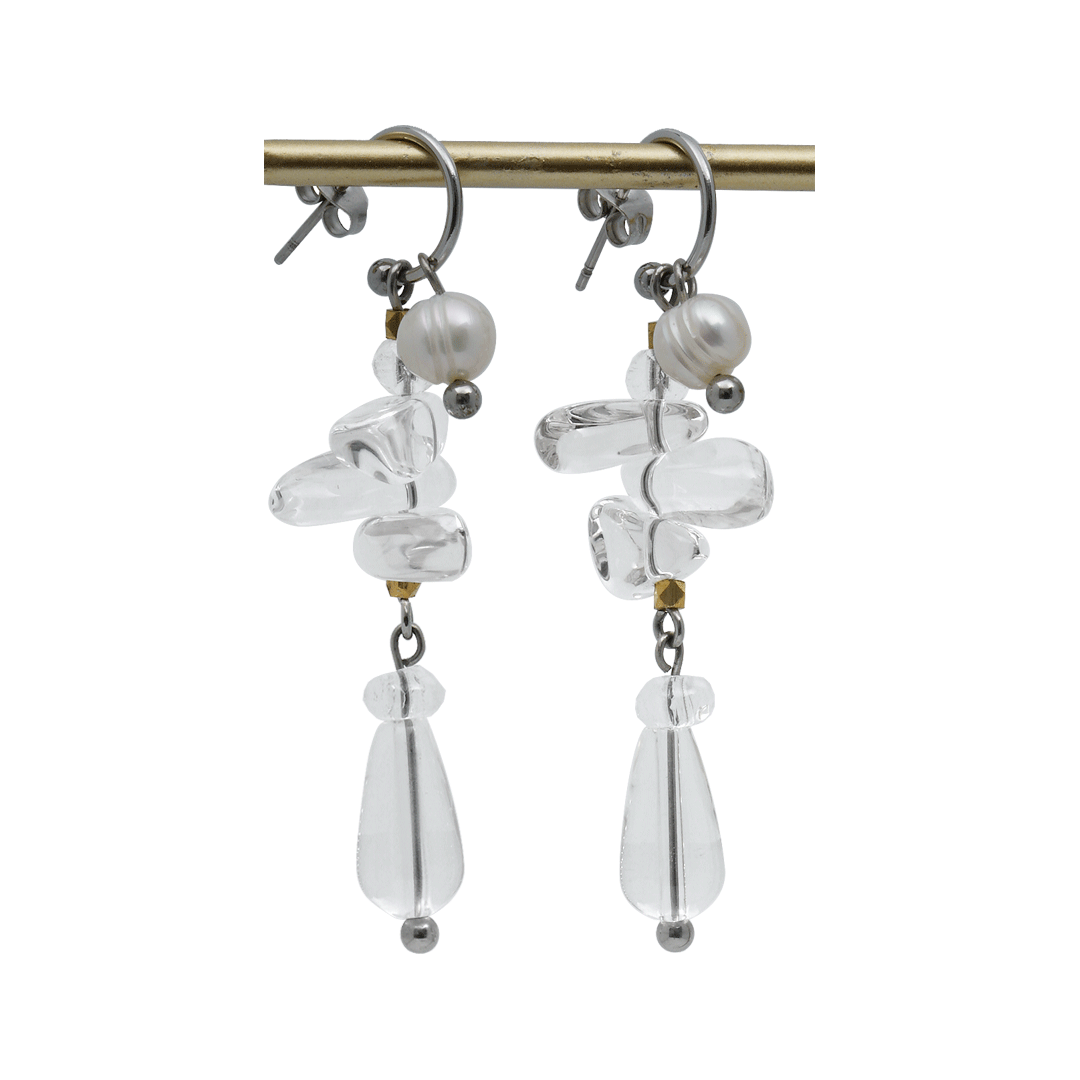 Bergkristal parel oorbellen lang zilver edelstaal van pimpsandpearls
