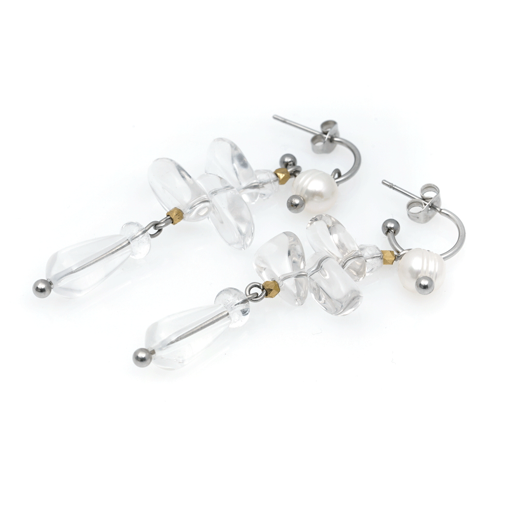 bergkristal parel oorbellen lang zilver van pimpsandpearls