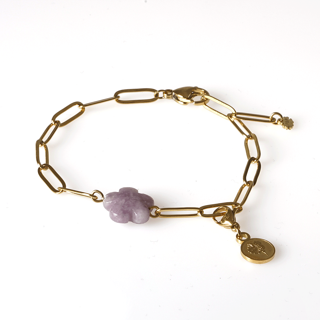 geboortebloem armband dagbloem lepidoliet lila van pimpsandpearls pim