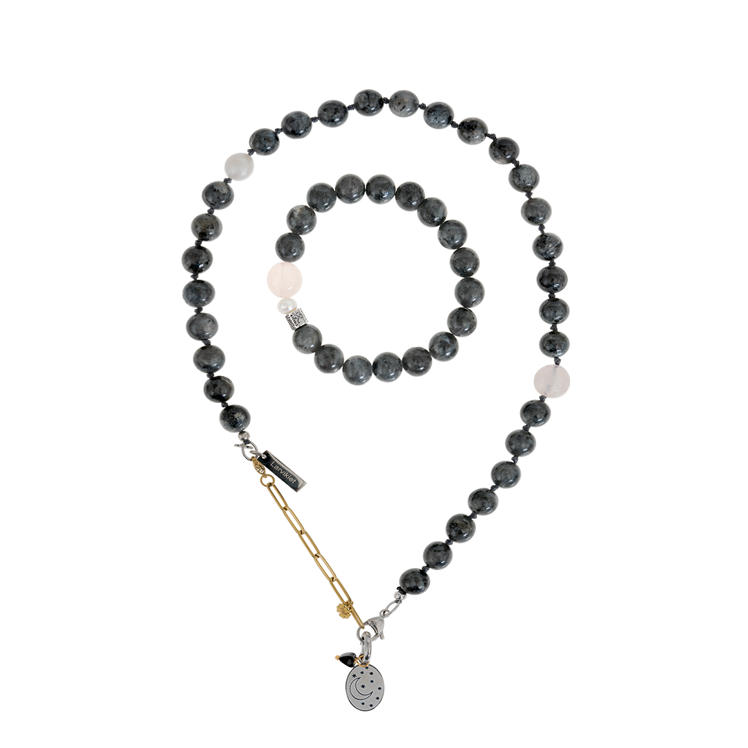 edelsteen sieradenset larvikiet grijs 10mm mala van pimpsandpearls