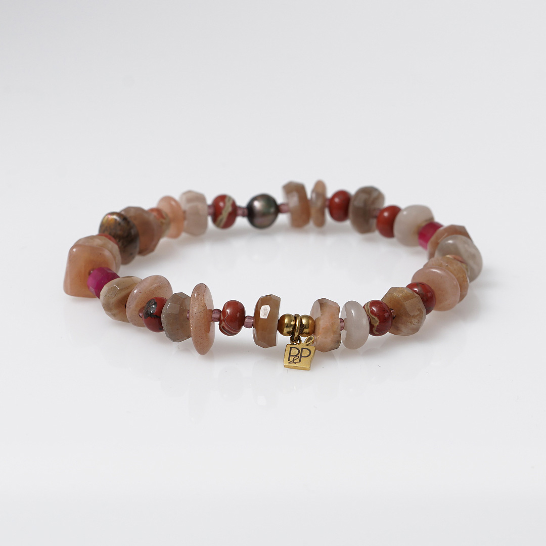 armband oranje roze edelsteen mix tropical rough van pimpsandpearls b