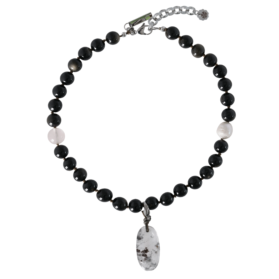 edelsteen ketting obsidiaan goud zwart mala van pimpsandpearls