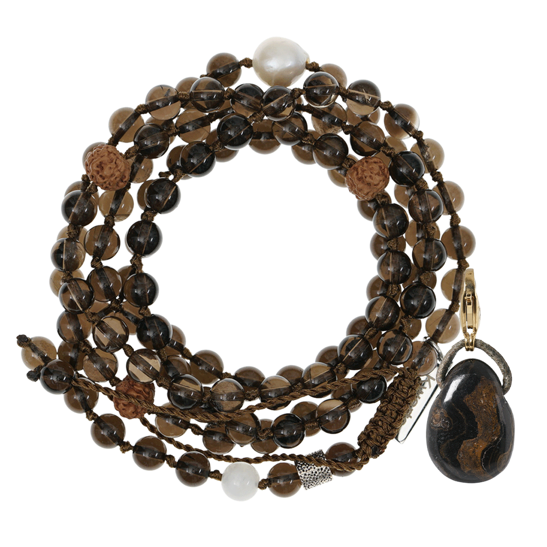 edelsteen mala ketting bruin rookkwarts hanger stromatoliet mala XL van pimpsandpearls pim