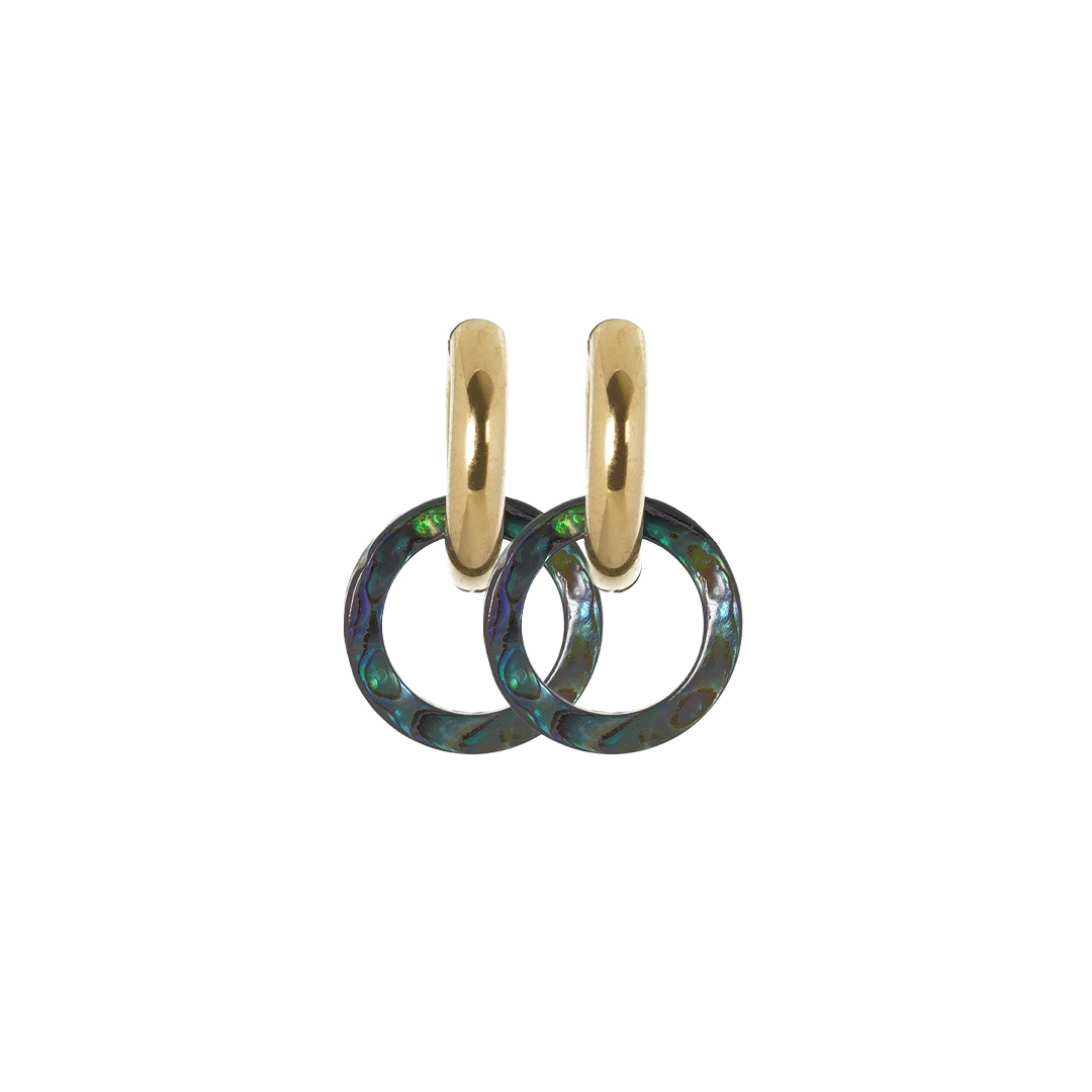 abalone hoepel oorbellen rond groen goud voorkant van pimpsandpearls pim