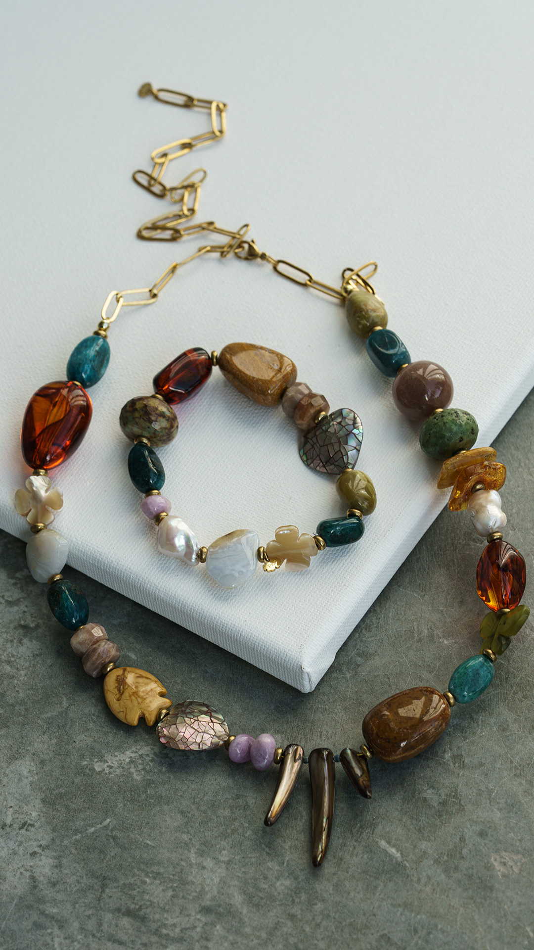 edelsteen grote kralen ketting armband chunky ocean set pimpsandpearls pim boven