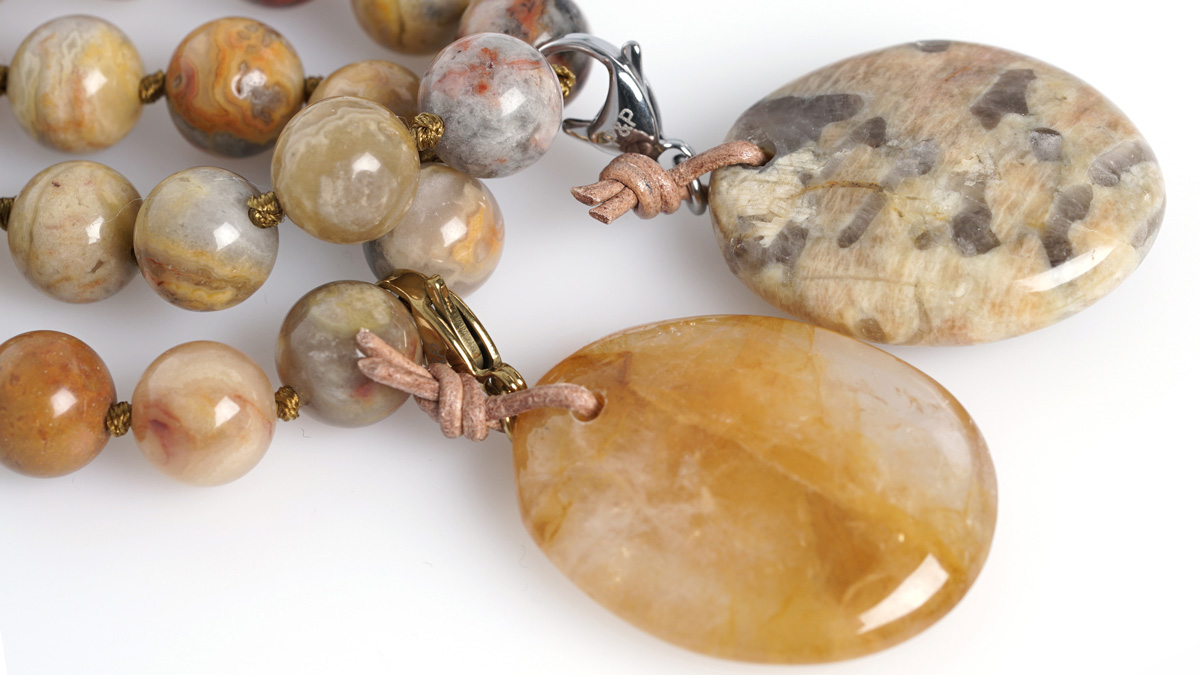 edelsteen ketting agaat crazy lazy hanger limoniet veldspaat mala 42 48 cm van pimpsandpearls