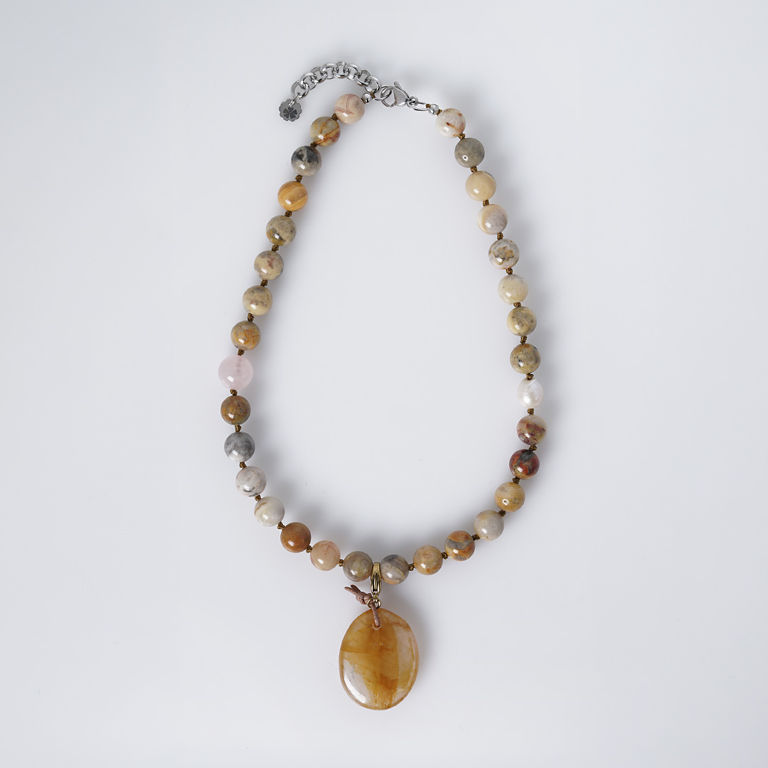 edelsteen ketting agaat crazy lace hanger limoniet mala 42-48 cm van limon pimpsandpearls