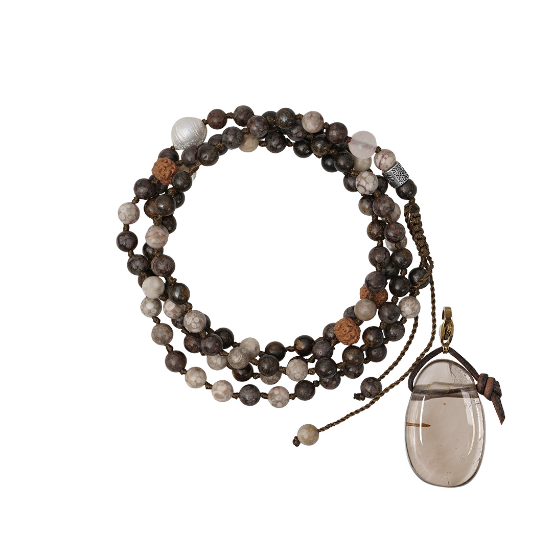 edelsteen ketting bruin beige mix mala m 90 cm rookkwarts hanger van pimpsandpearls pim