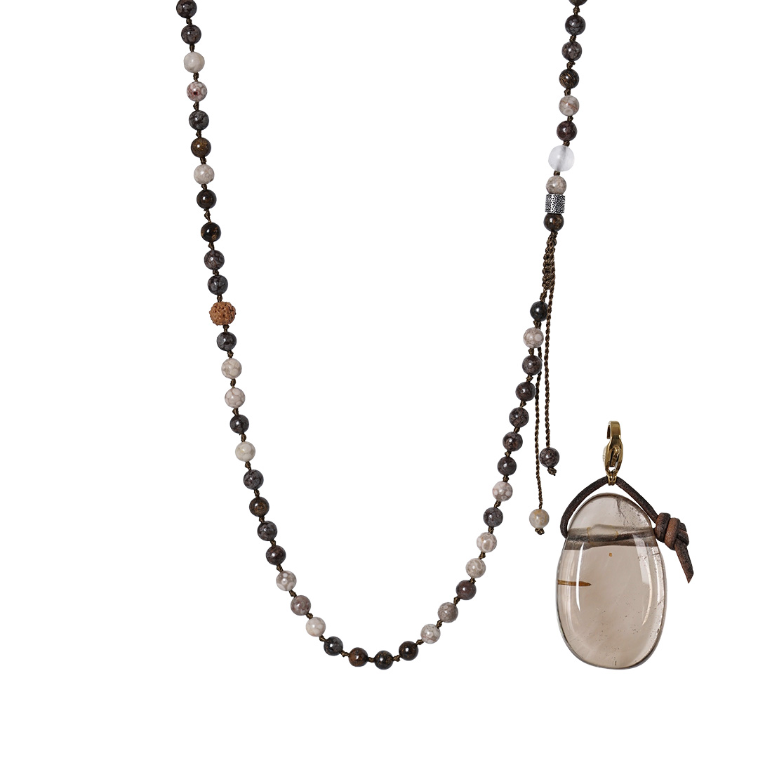 edelsteen ketting bruin beige mix mala m 90 cm rookkwarts hanger van pimpsandpearls pim