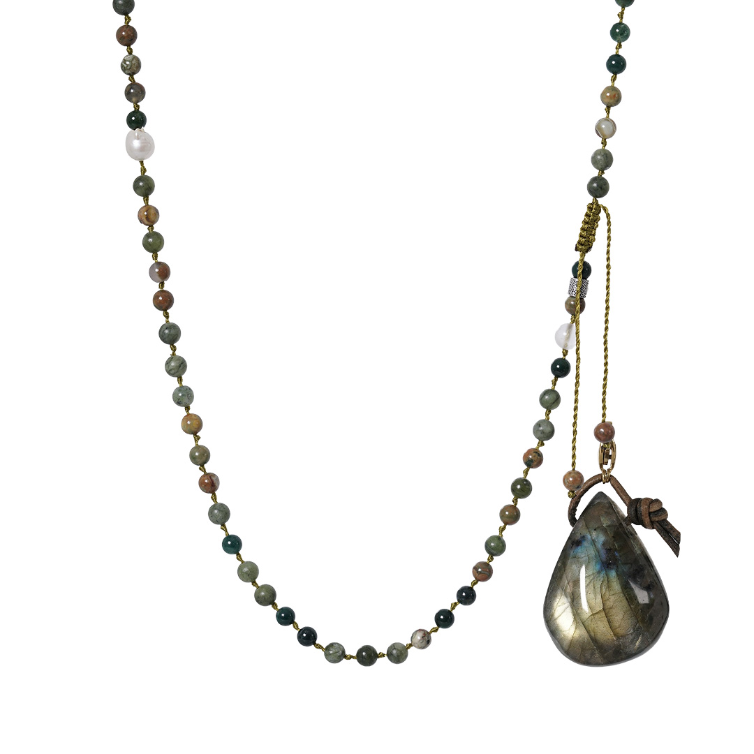 edelsteen ketting groen mix mala m 90 cm labradoriet hanger van pimpsandpearls pim