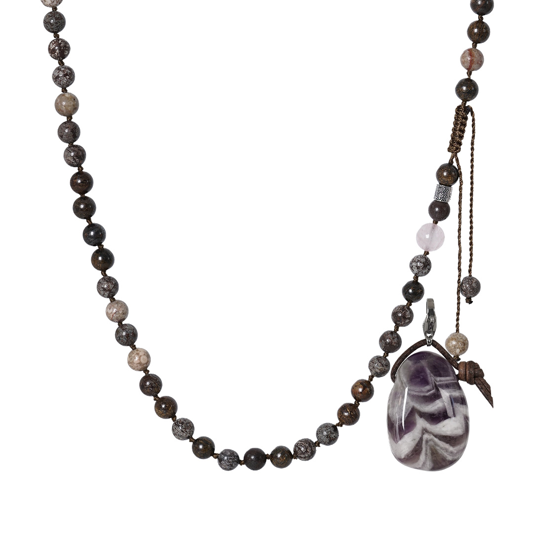 ketting edelsteen bruin beige mix mala xl amethist hanger van pimpsandpearls pim
