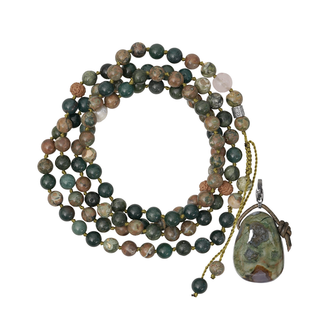 ketting edelsteen groen mix mala xl rhyoliet hanger van pimpsandpearls pim
