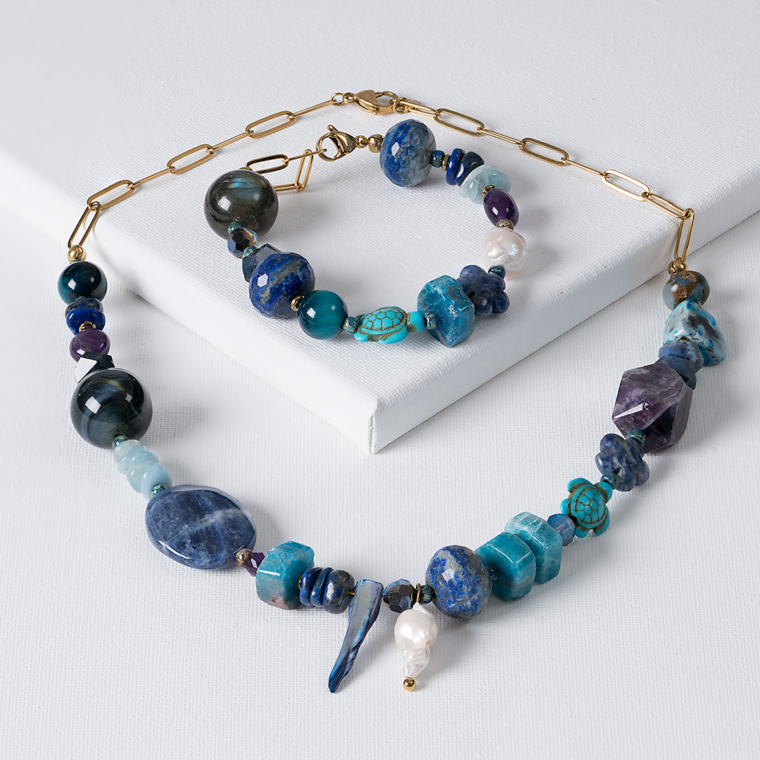 chunky edelsteen ketting blauw heaven grote kralen mix combi pimpsandpearls pim