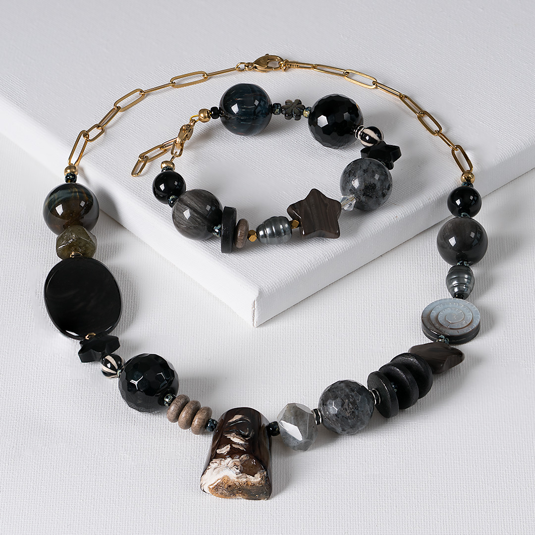 chunky edelsteen ketting zwart mystery grote kralen mix combi pimpsandpearls pim